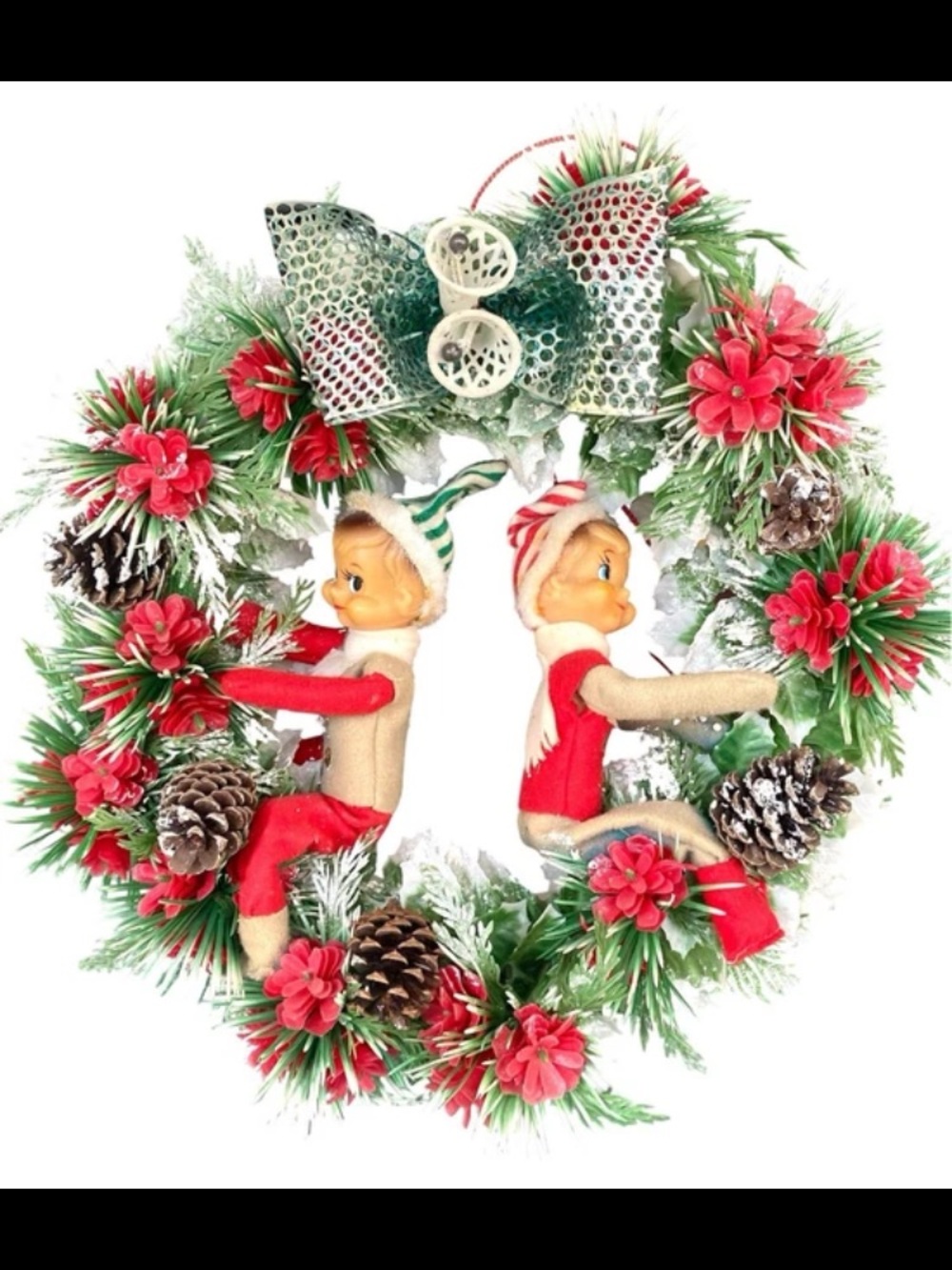 15” Knee Hugger Pixie Elf Vintage Christmas Ornament Kitsch Wreath, Holiday